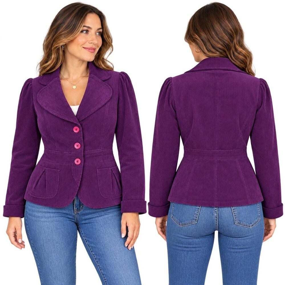 Halogen Plum Corduroy Blazer Jacket Womens M Cotton Fitted 3 Button Peplum Retro